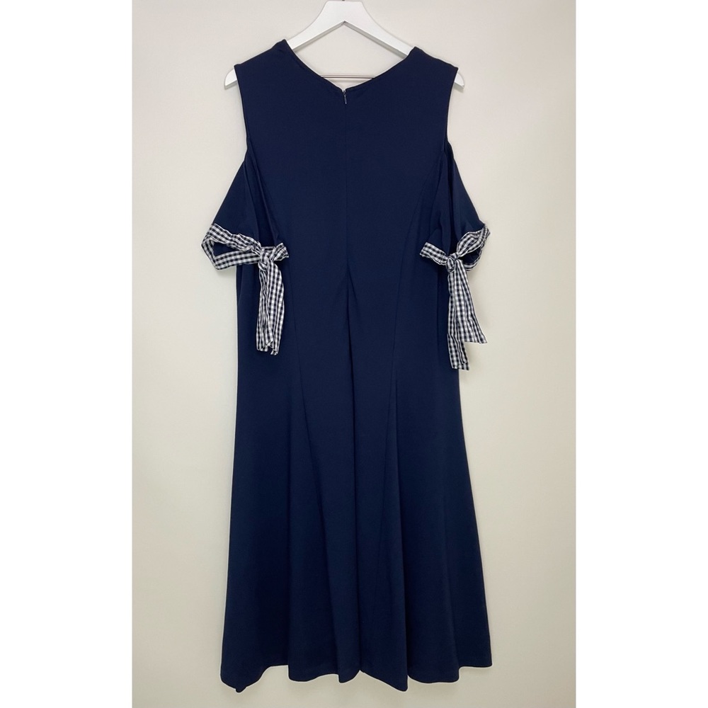 NWOT Eloquii Cold Shoulder Gingham Tie Sleeve Fit&Flare Dress Navy Size 22